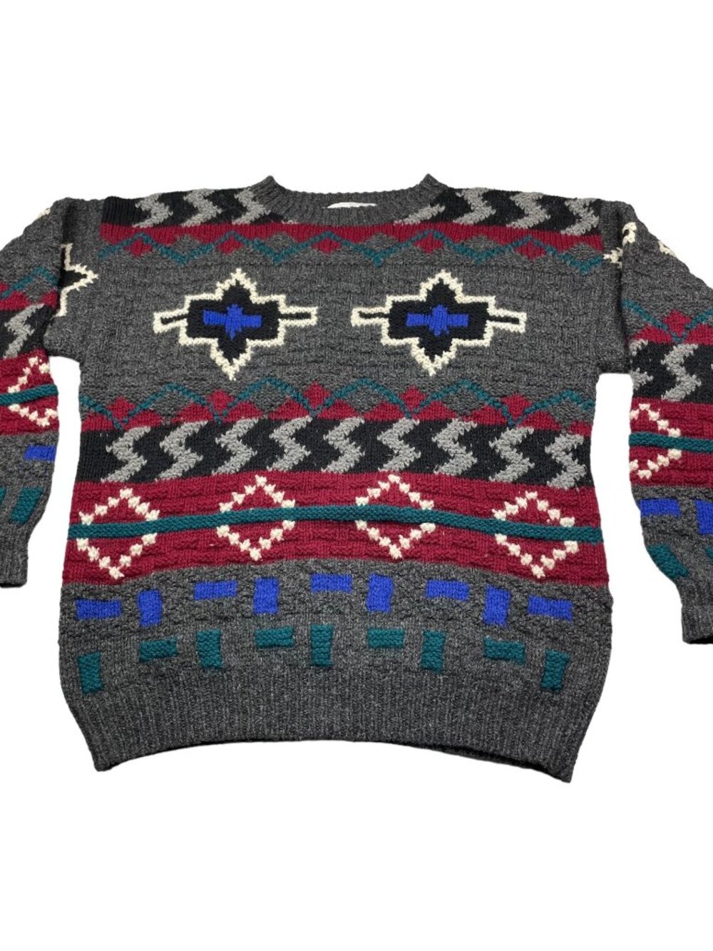 VTG John Ashford Men's Wool Hand-Knit Chunky Southwest Aztec Sweater • Large